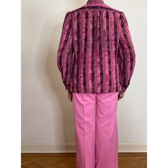 (SOLD ) 80'S Pink Floral Jabot/Ascot Bow Long Sleeve Blouse (S) - Picture 8 of 8